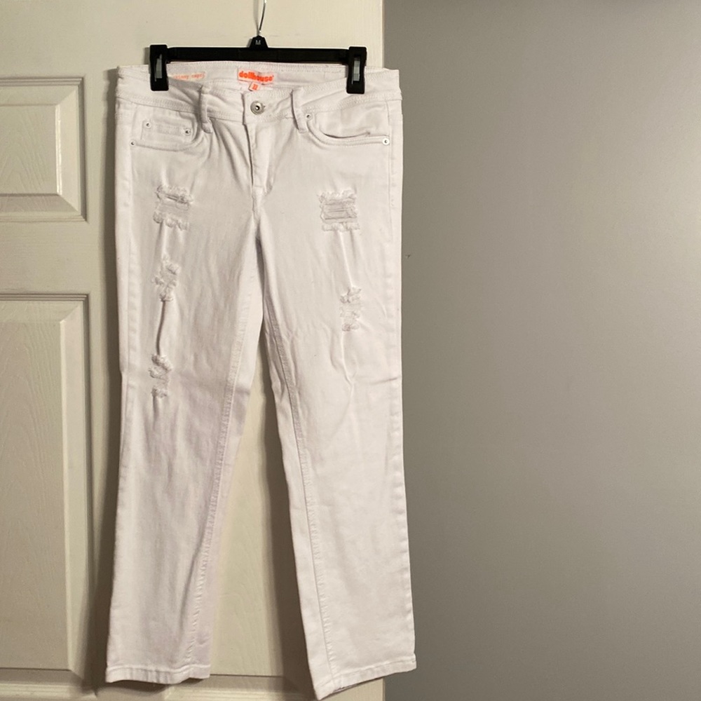 Dollhouse Roll-Up Skinny Capri White Distressed Jeans Size 11